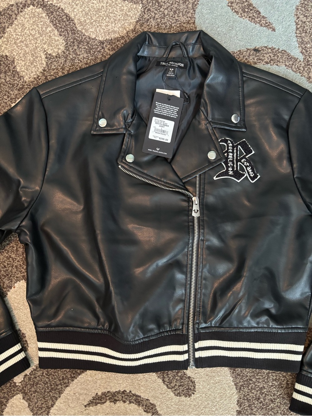 True Religion Black Faux Leather Bomber Jacket with Logo Patch